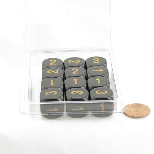 WCXXQ0328E12 Black Opaque Dice with Gold Numbers D3 (D6 1-3 Twice) 16mm (5/8in) Pack of 12 Main Image