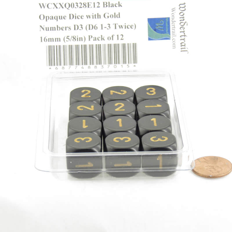 WCXXQ0328E12 Black Opaque Dice with Gold Numbers D3 (D6 1-3 Twice) 16mm (5/8in) Pack of 12 2nd Image