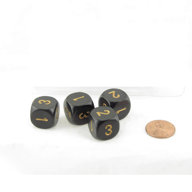 WCXXQ0328E4 Black Opaque Dice with Gold Numbers D3 (D6 1-3 Twice) 16mm (5/8in) Pack of 4 Main Image