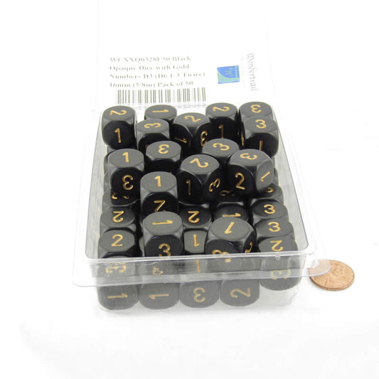 WCXXQ0328E50 Black Opaque Dice with Gold Numbers D3 (D6 1-3 Twice) 16mm (5/8in) Pack of 50 Main Image