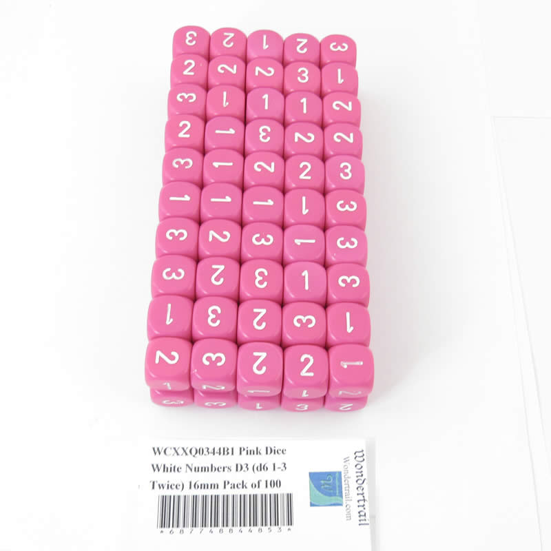 WCXXQ0344B1 Pink Dice White Numbers D3 (d6 1-3 Twice) 16mm Pack of 100 Main Image