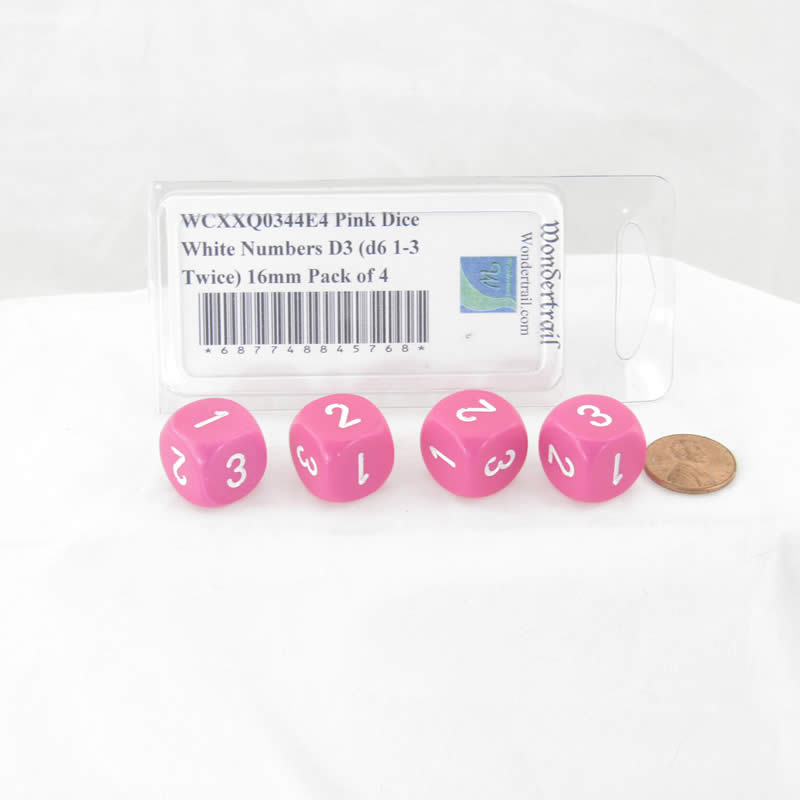 WCXXQ0344E4 Pink Dice White Numbers D3 (d6 1-3 Twice) 16mm Pack of 4 2nd Image