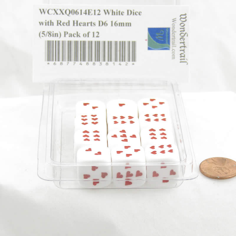 WCXXQ0614E12 White Dice with Red Hearts D6 16mm (5/8in) Pack of 12 2nd Image