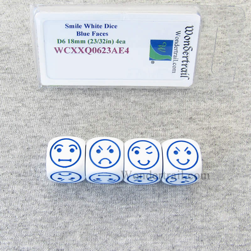 WCXXQ0623AE4 Smiley Face Dice White with Blue Different Faces D6 18mm Pack of 4 Main Image