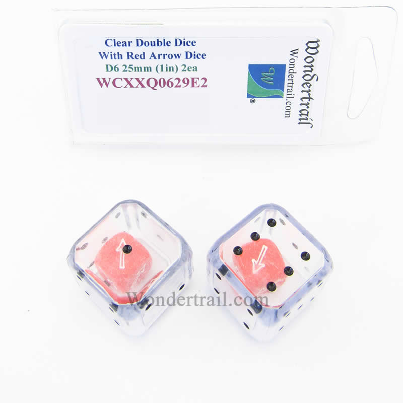 WCXXQ0629E2 Clear Double Dice Red Arrow Dice Inside Clear D6 25mm Pack of 2 Main Image