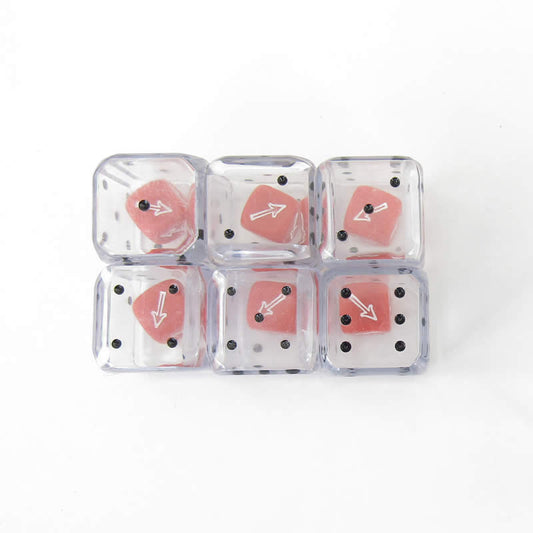 WCXXQ0629E6 Clear Double Dice Red Arrow Dice Inside Clear D6 25mm Pack of 6 Main Image