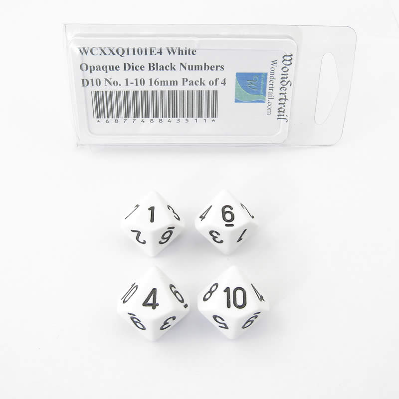 WCXXQ1101E4 White Opaque Dice Black Numbers D10 No. 1-10 16mm Pack of 4 Main Image