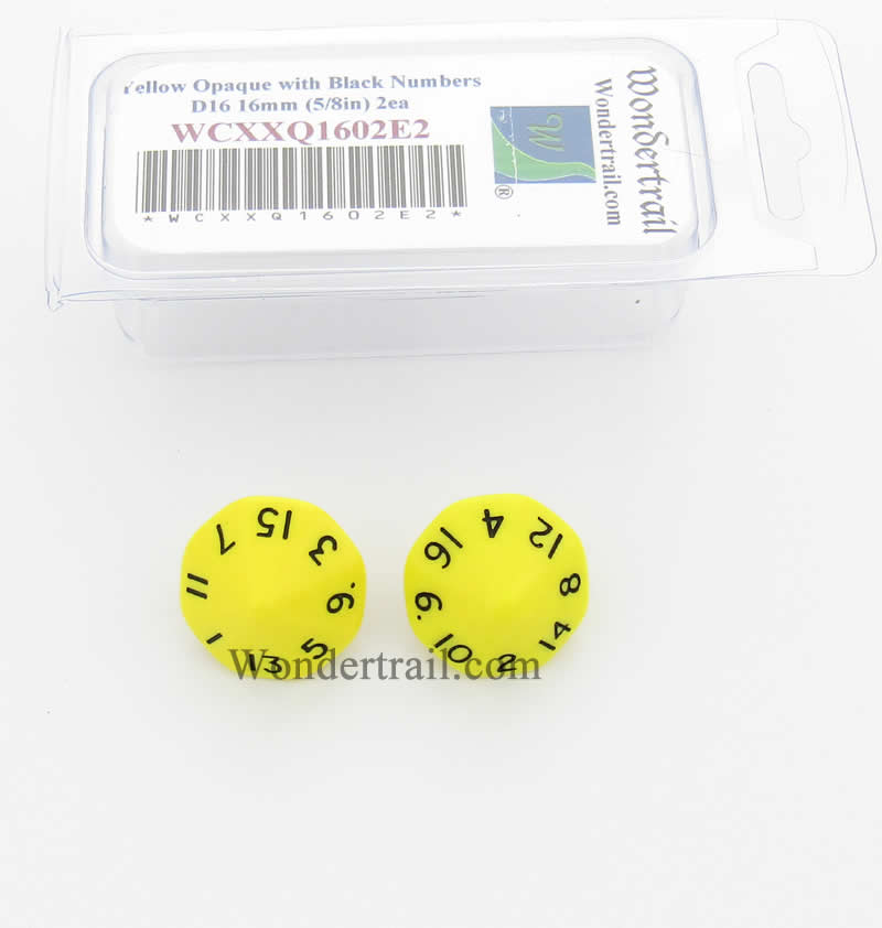 WCXXQ1602E2 Yellow Opaque Dice Black Numbers D16 16mm Pack of 2 Main Image