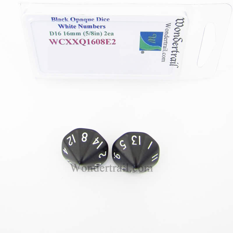 WCXXQ1608E2 Black Opaque Dice White Numbers D16 16mm Pack of 2 Main Image