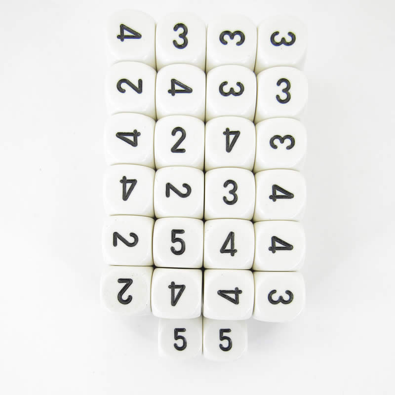 WCXXQ2101E50 White Opaque Dice Black Numbers D6 Averaging Dice 16mm Pack of 50 Main Image