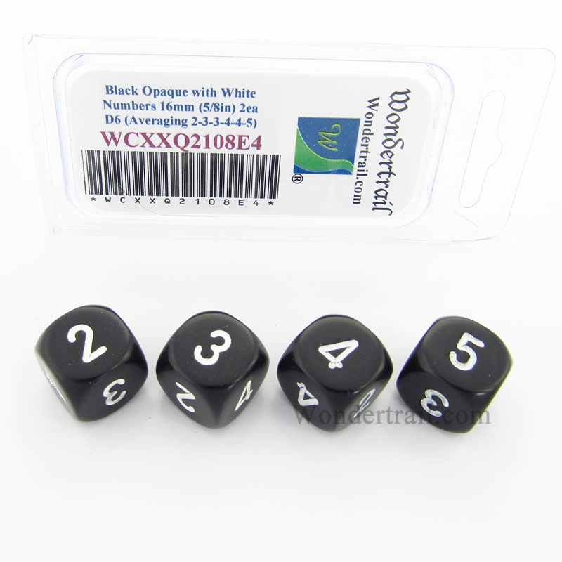 WCXXQ2108E4 Black Opaque Dice White Numbers D6 Averaging Dice 16mm Pack of 4 Main Image