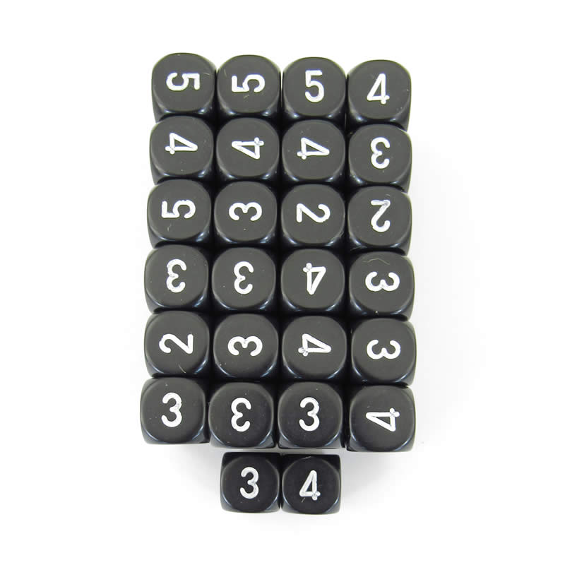 WCXXQ2108E50 Black Opaque Dice White Numbers D6 Averaging Dice 16mm Pack of 50 Main Image