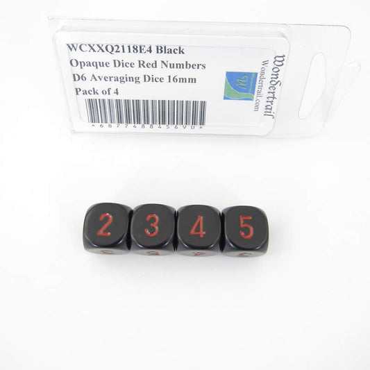 WCXXQ2118E4 Black Opaque Dice Red Numbers D6 Averaging Dice 16mm Pack of 4 Main Image