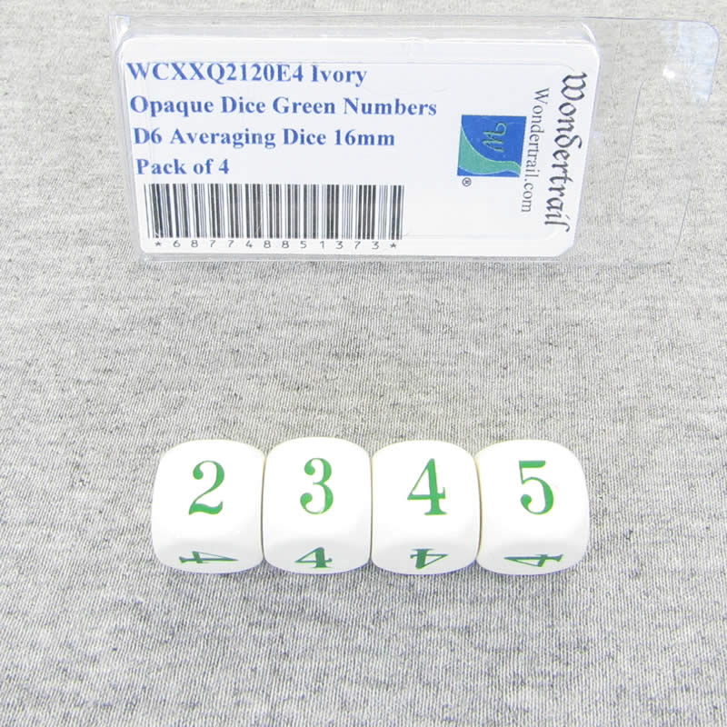 WCXXQ2120E4 Ivory Opaque Dice with Green Numbers D6 Averaging Dice 16mm Pack of 4 Main Image