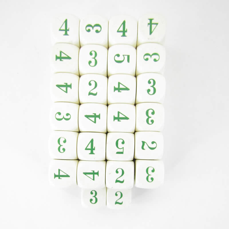 WCXXQ2120E50 Ivory Opaque Dice Green Numbers D6 Averaging Dice 16mm Pack of 50 Main Image