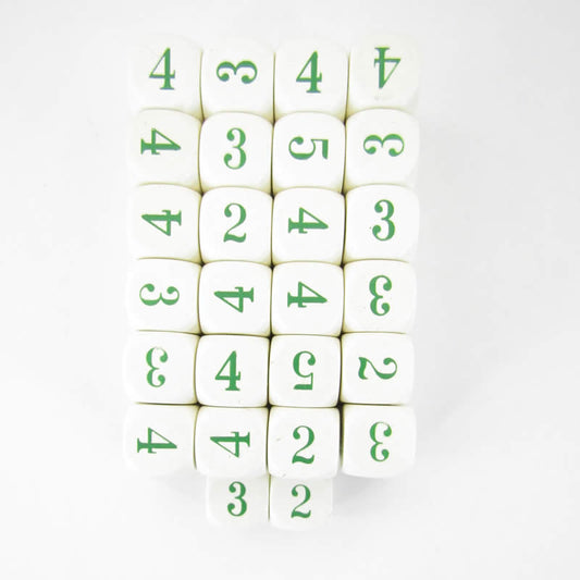 WCXXQ2120E50 Ivory Opaque Dice Green Numbers D6 Averaging Dice 16mm Pack of 50 Main Image