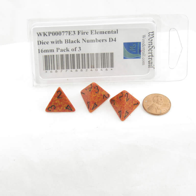 WKP00077E3 Fire Elemental Dice with Black Numbers D4 16mm Pack of 3 2nd Image