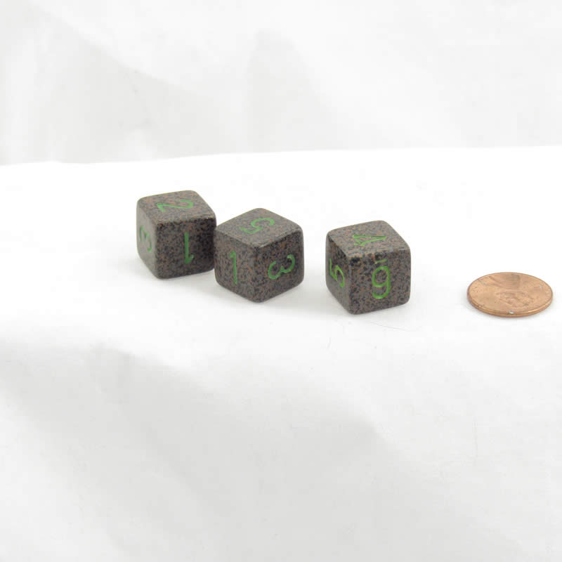 WKP00097E3 Earth Elemental Dice with Green Numbers D6 16mm Pack of 3 Main Image