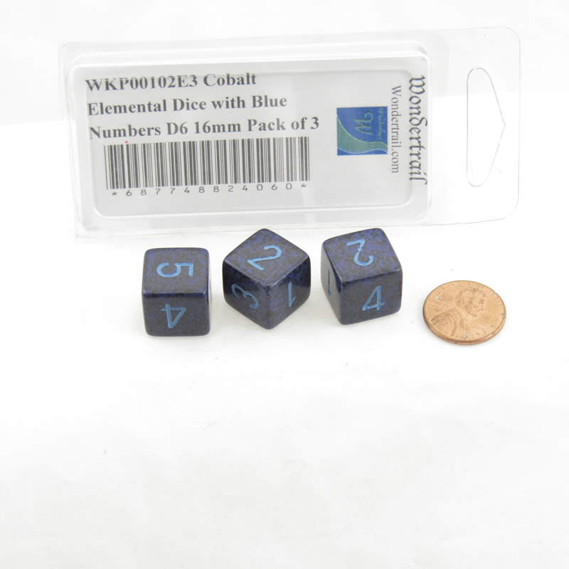 WKP00102E3 Cobalt Elemental Dice with Blue Numbers D6 16mm Pack of 3 2nd Image