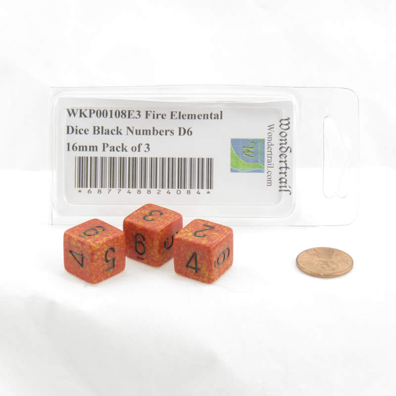 WKP00108E3 Fire Elemental Dice Black Numbers D6 16mm Pack of 3 2nd Image