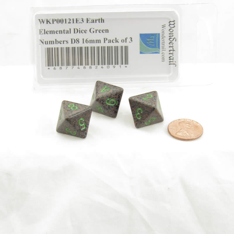 WKP00121E3 Earth Elemental Dice Green Numbers D8 16mm Pack of 3 2nd Image