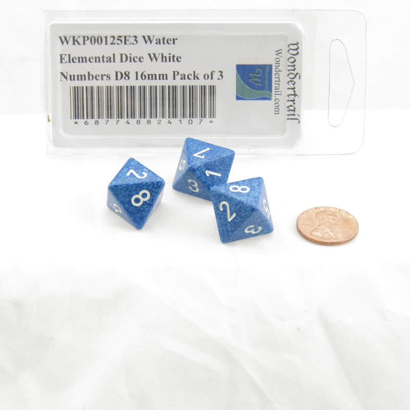 WKP00125E3 Water Elemental Dice White Numbers D8 16mm Pack of 3 2nd Image