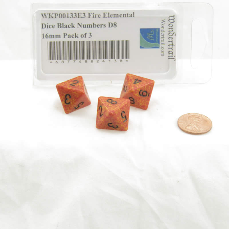 WKP00133E3 Fire Elemental Dice Black Numbers D8 16mm Pack of 3 2nd Image