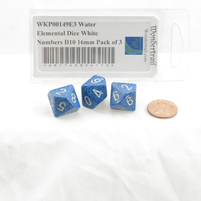 WKP00149E3 Water Elemental Dice White Numbers D10 16mm Pack of 3 2nd Image