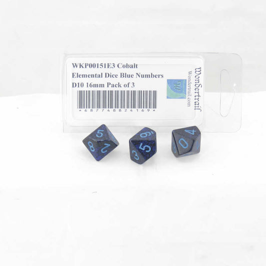 WKP00151E3 Cobalt Elemental Dice with Blue Numbers D10 16mm (5/8in) Pack of 3 Main Image
