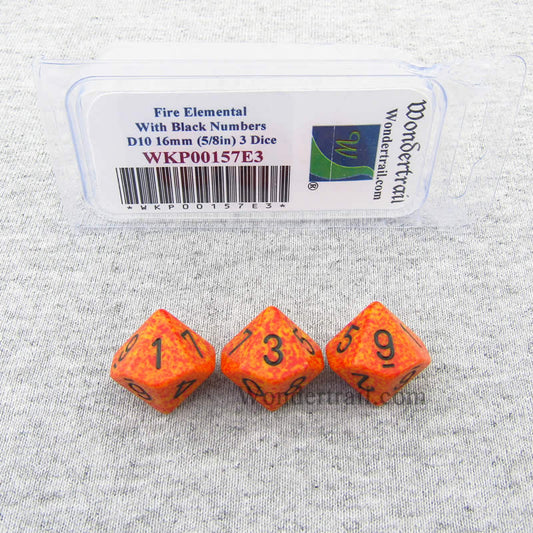 WKP00157E3 Fire Elemental Dice Black Numbers D10 16mm Pack of 3 Main Image