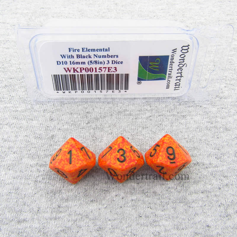 WKP00157E3 Fire Elemental Dice Black Numbers D10 16mm Pack of 3 Main Image