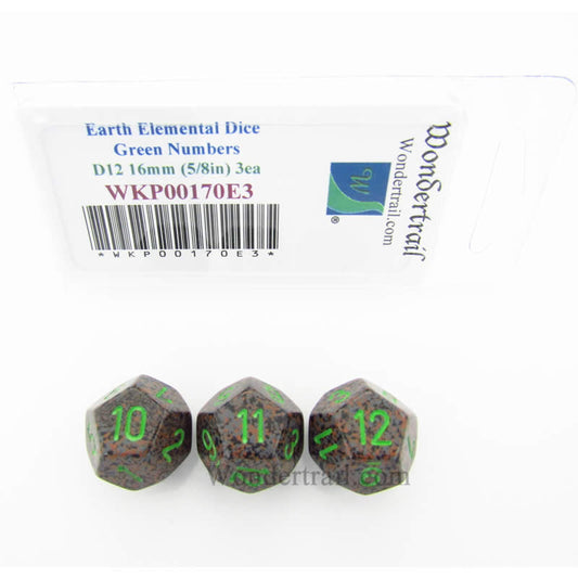 WKP00170E3 Earth Elemental Dice Green Numbers D12 16mm Pack of 3 Main Image