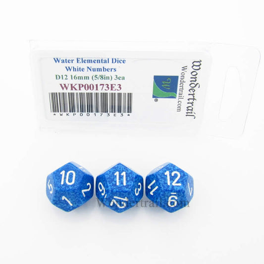 WKP00173E3 Water Elemental Dice White Numbers D12 16mm Pack of 3 Main Image