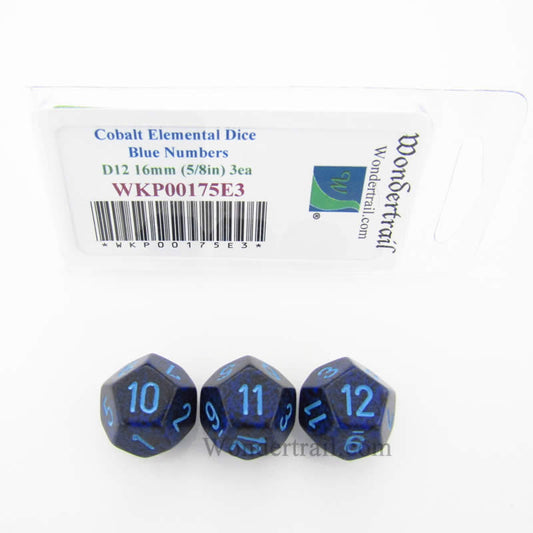 WKP00175E3 Cobalt Elemental Dice Blue Numbers D12 16mm Pack of 3 Main Image