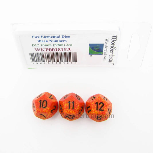 WKP00181E3 Fire Elemental Dice Black Numbers D12 16mm Pack of 3 Main Image
