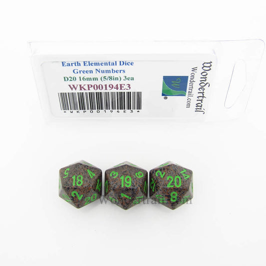 WKP00194E3 Earth Elemental Dice Green Numbers D20 16mm Pack of 3 Main Image