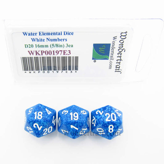 WKP00197E3 Water Elemental Dice White Numbers D20 16mm Pack of 3 Main Image
