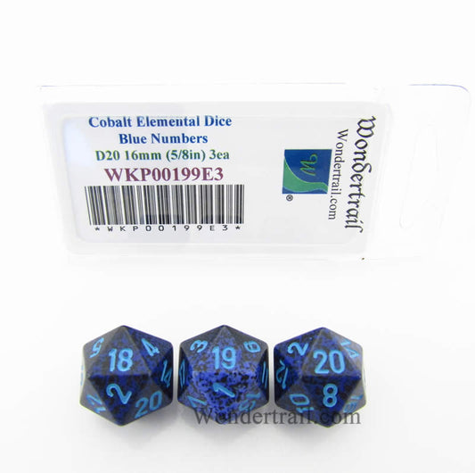 WKP00199E3 Cobalt Elemental Dice Blue Numbers D20 16mm Pack of 3 Main Image