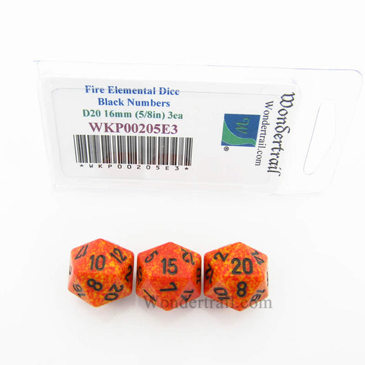 WKP00205E3 Fire Elemental Dice Black Numbers D20 Aprox 16mm Pack of 3 Main Image