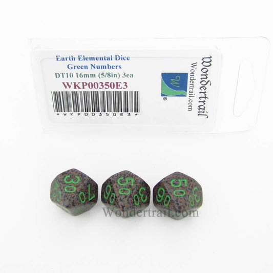 WKP00350E3 Earth Elemental Dice Green Numbers DT10 16mm Pack of 3 Main Image