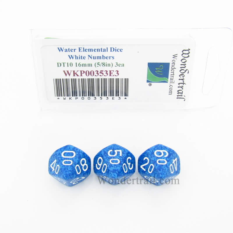 WKP00353E3 Water Elemental Dice White Numbers DT10 16mm Pack of 3 Main Image