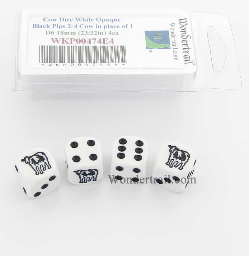 WKP00474E4 Cow Dice D6 White Opaque Black Pips 18mm Set of 4 Main Image