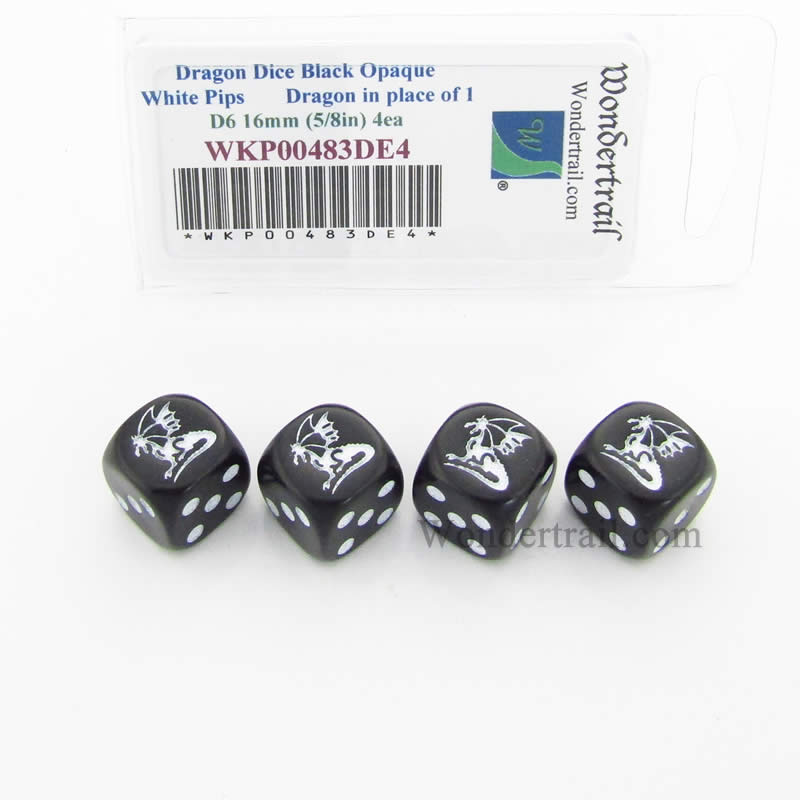 WKP00483DE4 Dragon Dice Black Opaque White Pips D6 16mm Set of 4 Main Image