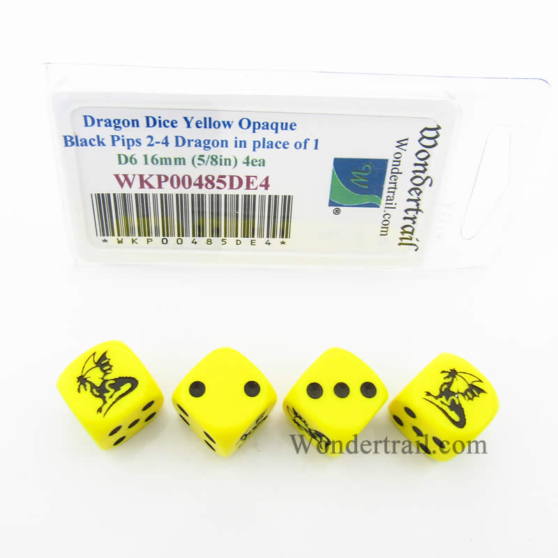 WKP00485DE4 Dragon Dice Yellow Opaque Black Pips D6 16mm Set of 4 Main Image