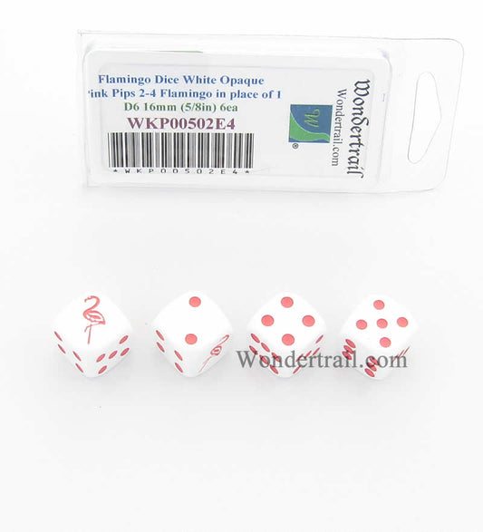 WKP00502E4 Flamingo Dice White Opaque Pink Pips D6 16mm Set of 4 Main Image