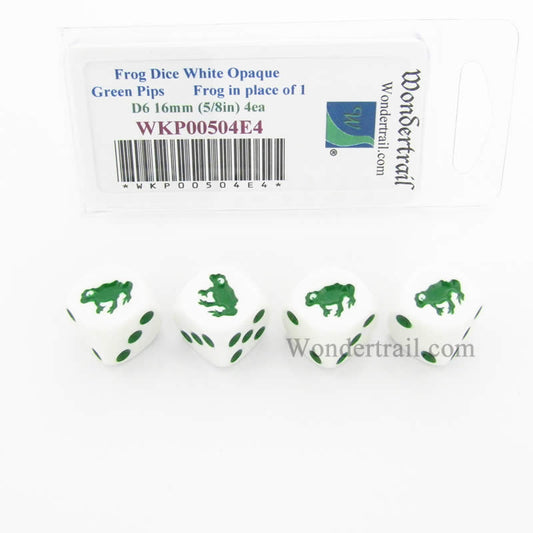 WKP00504E4 Frog Dice White Opaque Green Pips D6 16mm Set of 4 Main Image