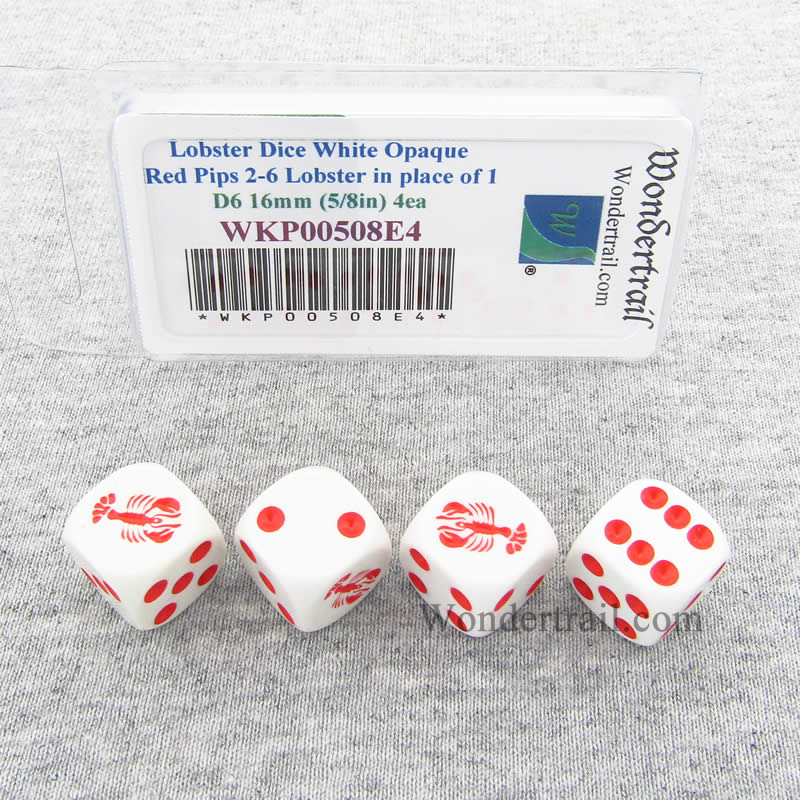 WKP00508E4 Lobster Dice White Opaque Red Pips D6 16mm Set of 4 Main Image