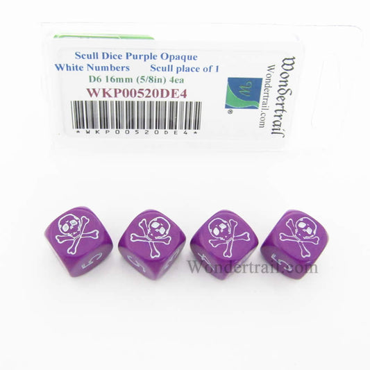WKP00520DE4 Skull Dice Purple Opaque White Numbers D6 16mm Set of 4 Main Image