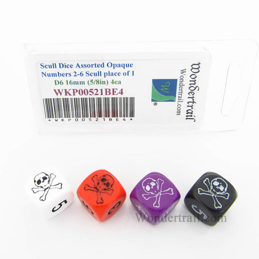 WKP00521BE4 Skull Dice Assorted Opaque Numbers D6 16mm Set of 4 Main Image