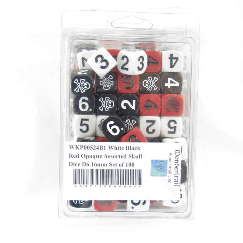 WKP00524B1 White Black Red Opaque Assorted Skull Dice D6 16mm Set of 100 Main Image